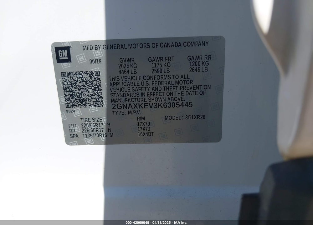 2019 CHEVROLET EQUINOX VIN: 2GNAXKEV3K6305445