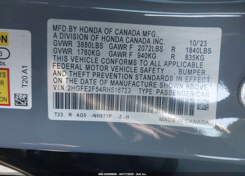 2024 HONDA CIVIC SPORT VIN: 2HGFE2F54RH516723