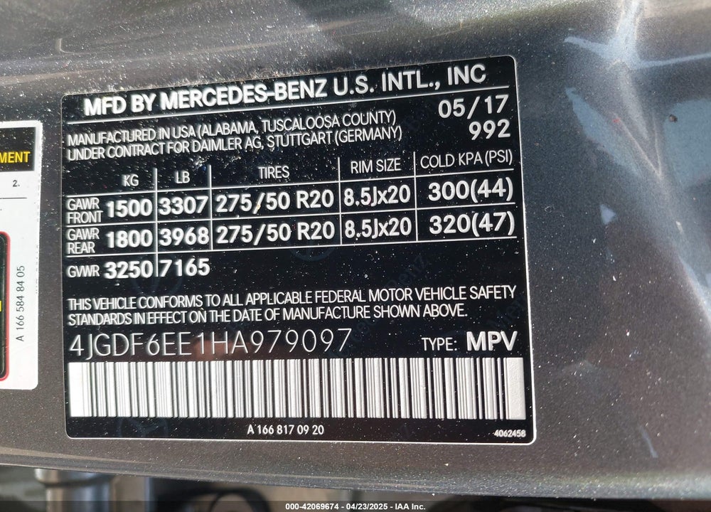 2017 MERCEDES-BENZ GLS-CLASS VIN: 4JGDF6EE1HA979097
