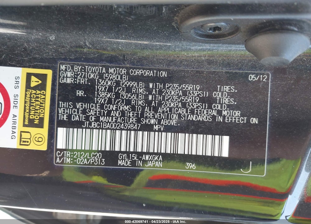 2013 LEXUS RX 450H VIN: JTJBC1BA0D2439847