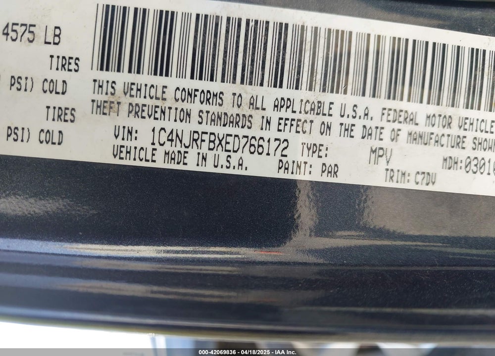 2014 JEEP PATRIOT VIN: 1C4NJRFBXED766172