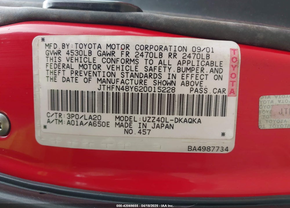 2002 LEXUS SC 430 VIN: JTHFN48Y620015228