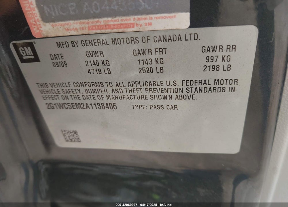 2010 CHEVROLET IMPALA VIN: 2G1WC5EM2A1138406