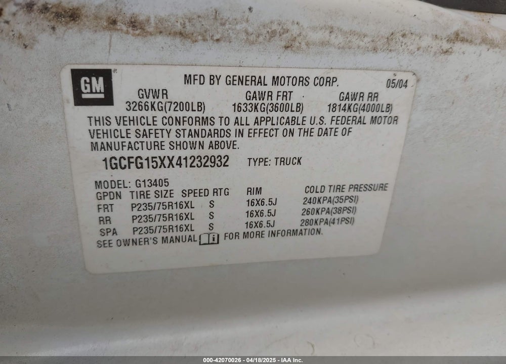 2004 CHEVROLET EXPRESS VIN: 1GCFG15XX41232932