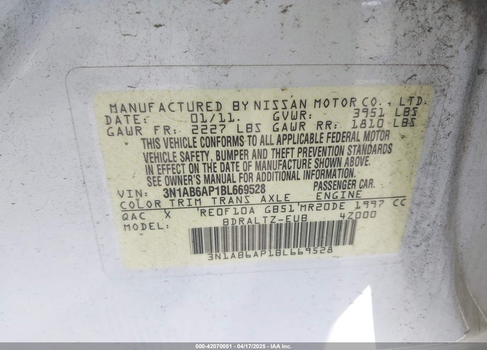 2011 NISSAN SENTRA VIN: 3N1AB6AP1BL669528