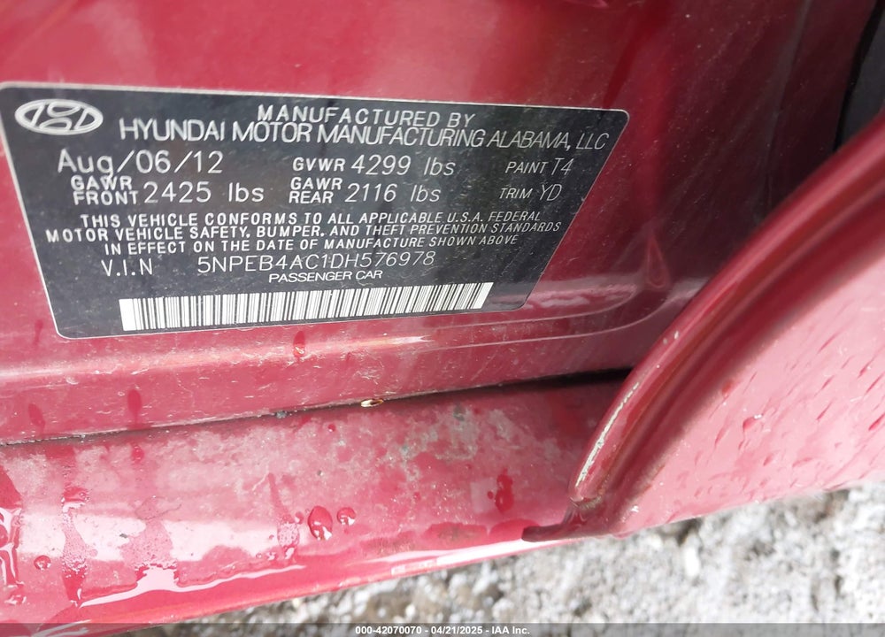 2013 HYUNDAI SONATA VIN: 5NPEB4AC1DH576978