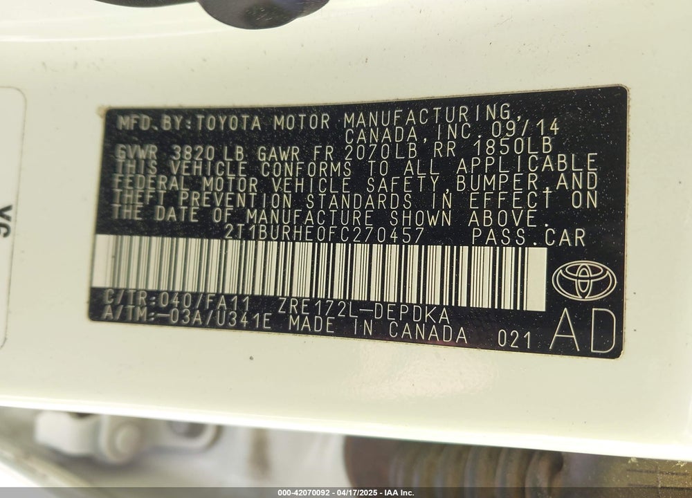 2015 TOYOTA COROLLA VIN: 2T1BURHE0FC270457