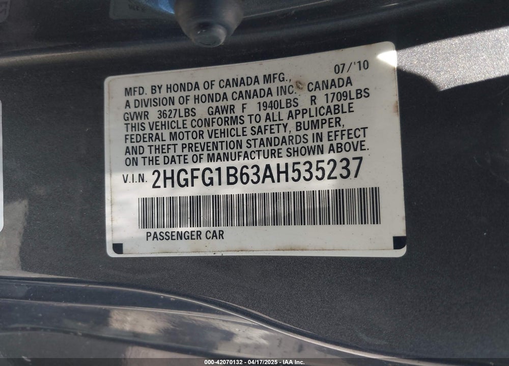 2010 HONDA CIVIC VIN: 2HGFG1B63AH535237