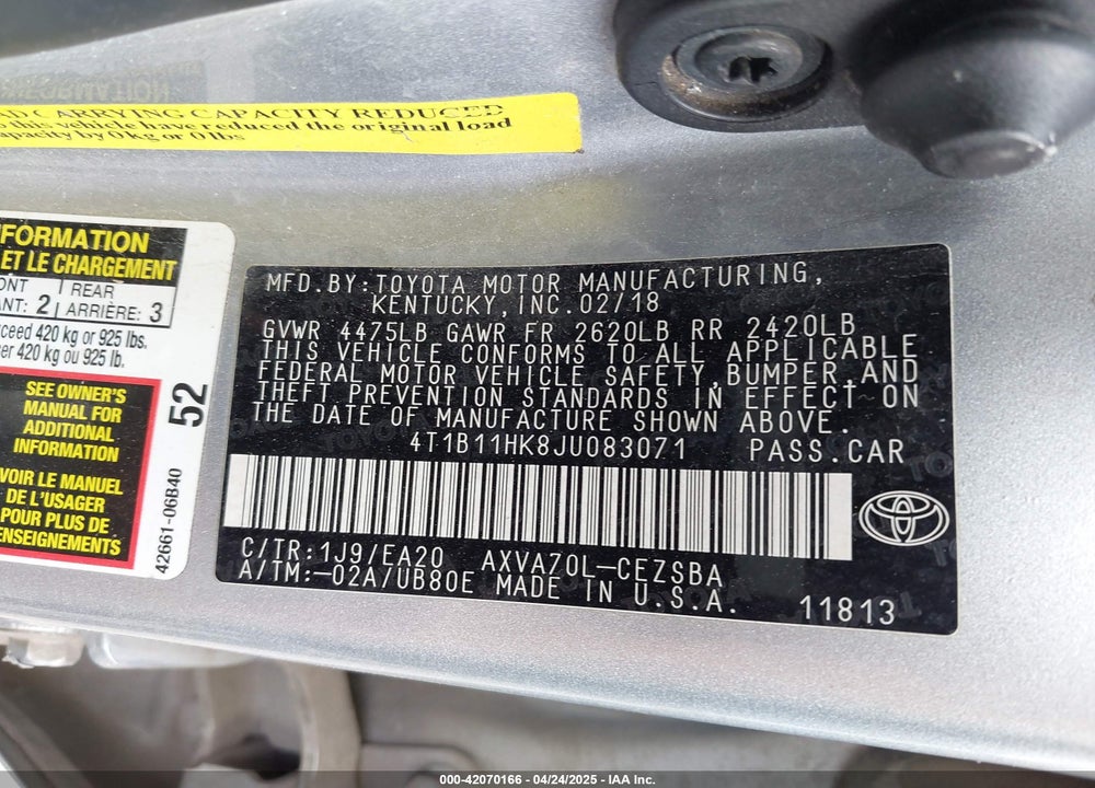 2018 TOYOTA CAMRY VIN: 4T1B11HK8JU083071