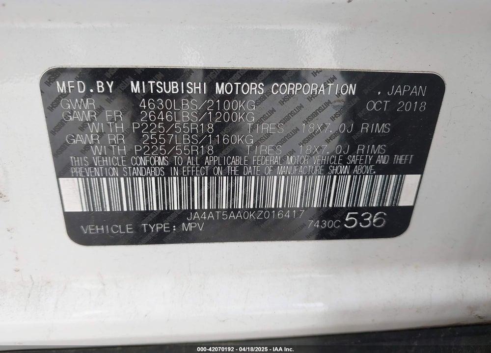 2019 MITSUBISHI ECLIPSE CROSS VIN: JA4AT5AA0KZ016417