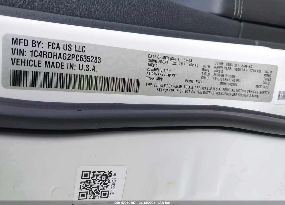 2023 DODGE DURANGO SXT RWD VIN: 1C4RDHAG2PC635283