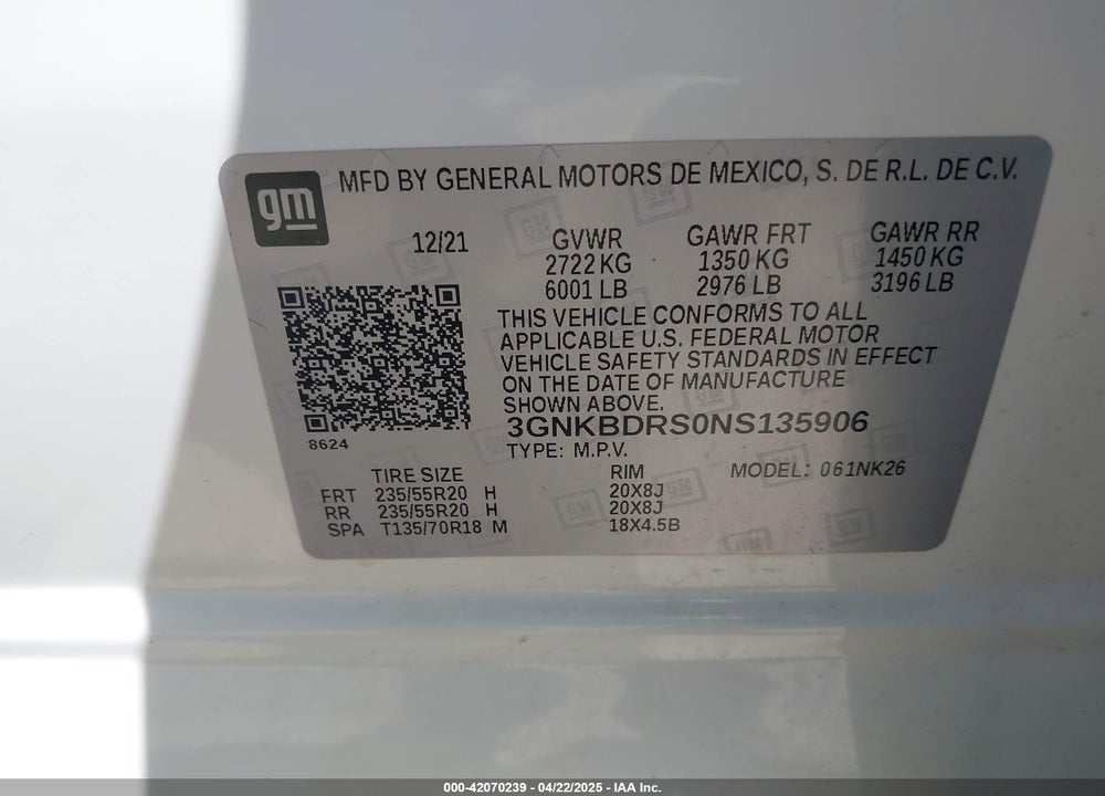 2022 CHEVROLET BLAZER FWD 3LT VIN: 3GNKBDRS0NS135906