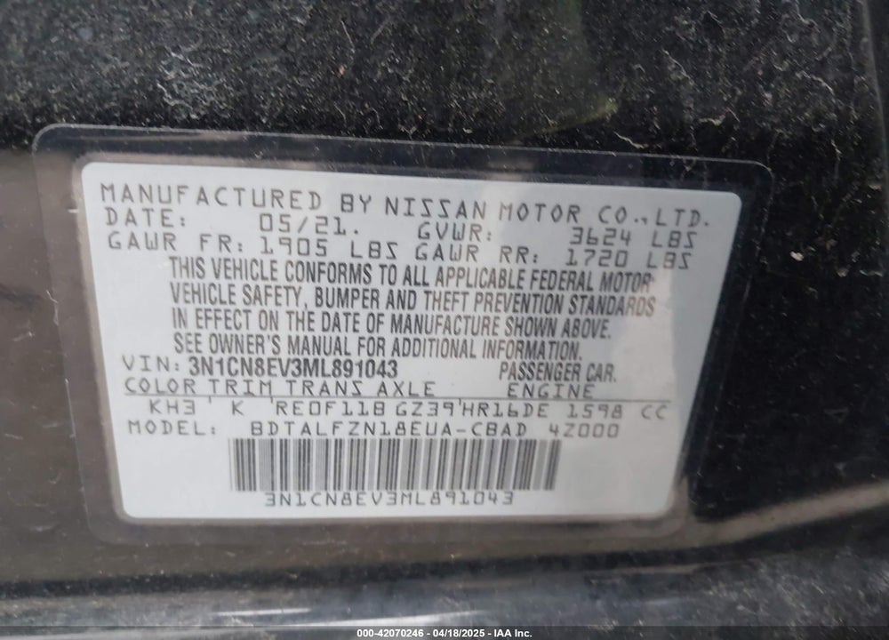 2021 NISSAN VERSA VIN: 3N1CN8EV3ML891043