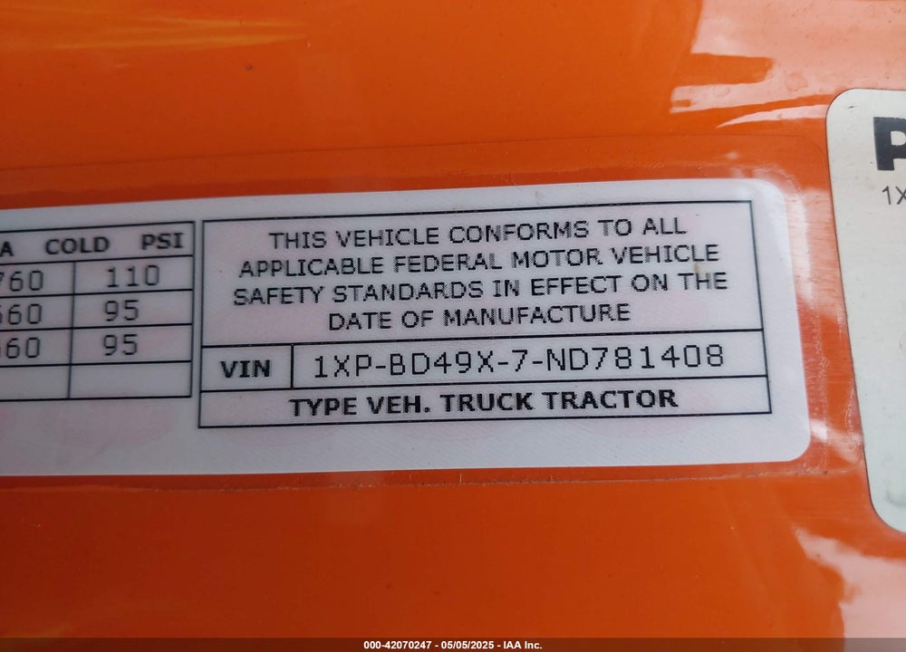 2022 PETERBILT 579 VIN: 1XPBD49X7ND781408