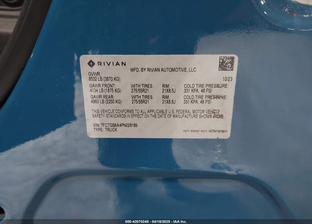 2023 RIVIAN R1T ADVENTURE/ADVENTURE DUAL MOTOR LARGE PACK/ADVENTURE DUAL MOTOR MAX PACK VIN: 7FCTGBAA4PN028189