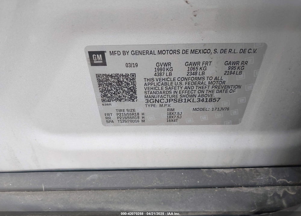 2019 CHEVROLET TRAX LT VIN: 3GNCJPSB1KL341857