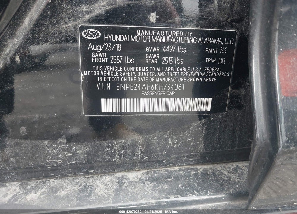 2019 HYUNDAI SONATA VIN: 5NPE24AF6KH734061