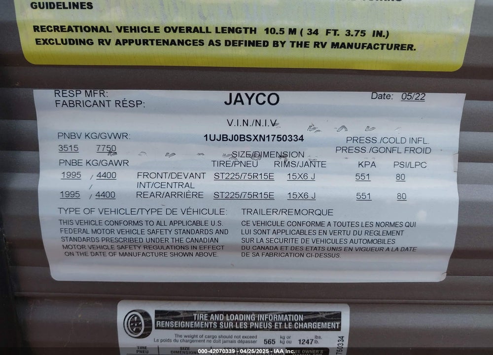 2022 JAYCO OTHER VIN: 1UJBJ0BSXN1750334