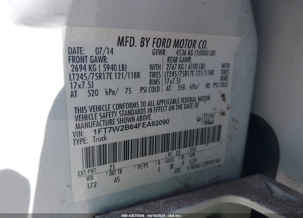 2015 FORD F-250 XL VIN: 1FT7W2B64FEA92090