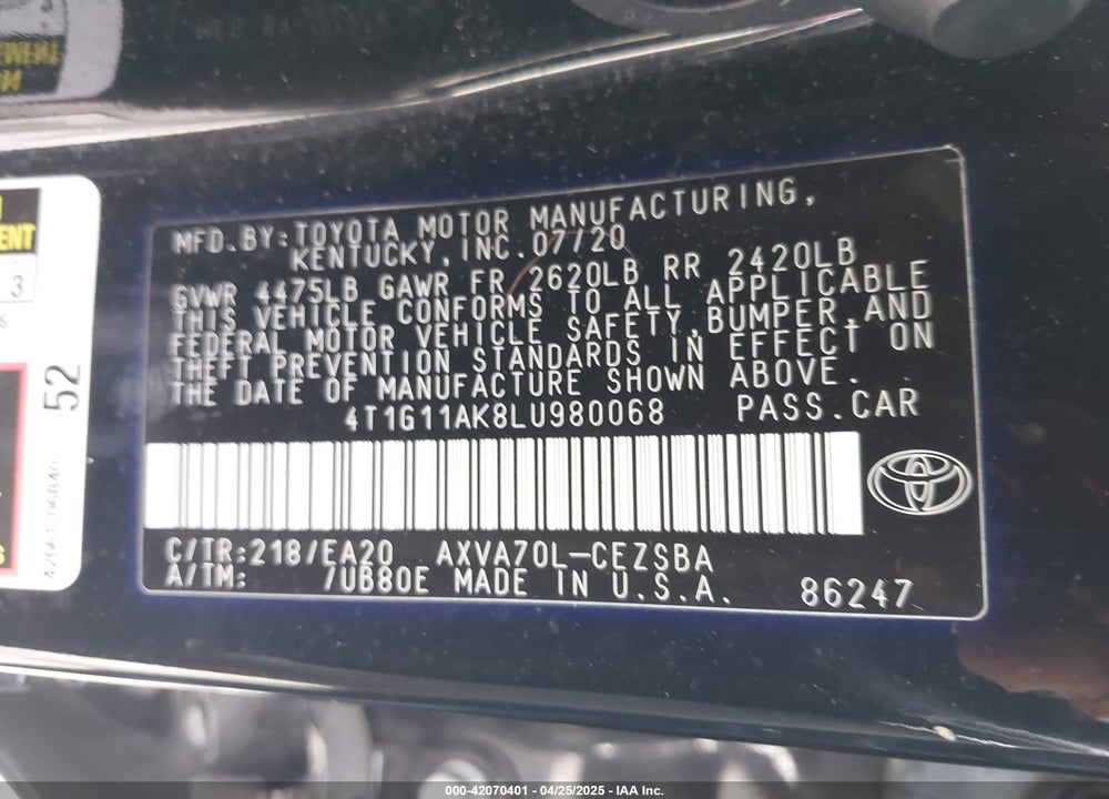 2020 TOYOTA CAMRY SE VIN: 4T1G11AK8LU980068