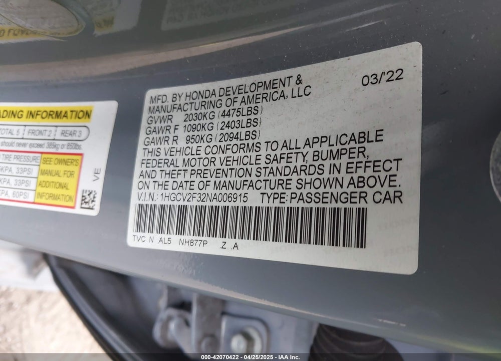 2022 HONDA ACCORD VIN: 1HGCV2F32NA006915