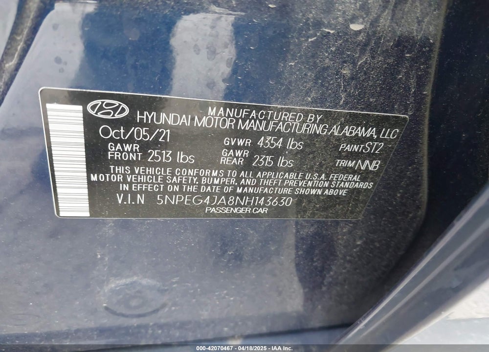 2022 HYUNDAI SONATA VIN: 5NPEG4JA8NH143630