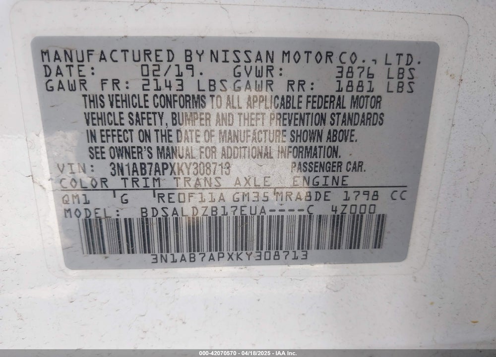 2019 NISSAN SENTRA VIN: 3N1AB7APXKY308713