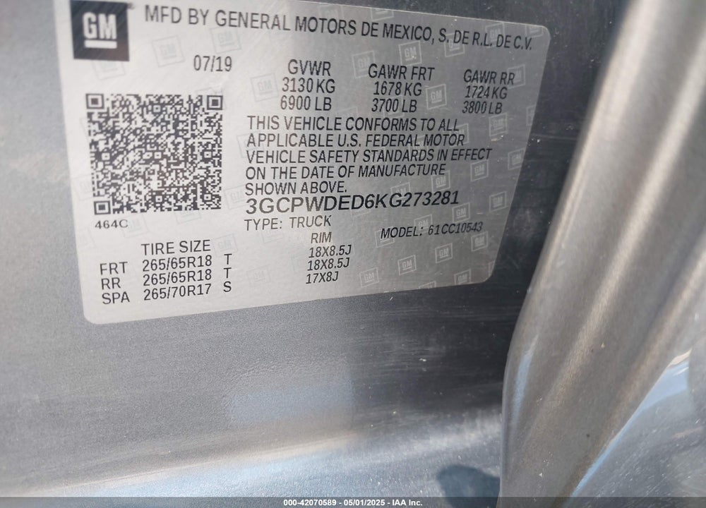 2019 CHEVROLET SILVERADO 1500 VIN: 3GCPWDED6KG273281