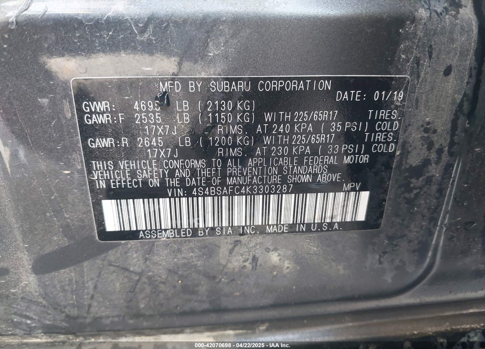 2019 SUBARU OUTBACK 2.5I PREMIUM VIN: 4S4BSAFC4K3303287
