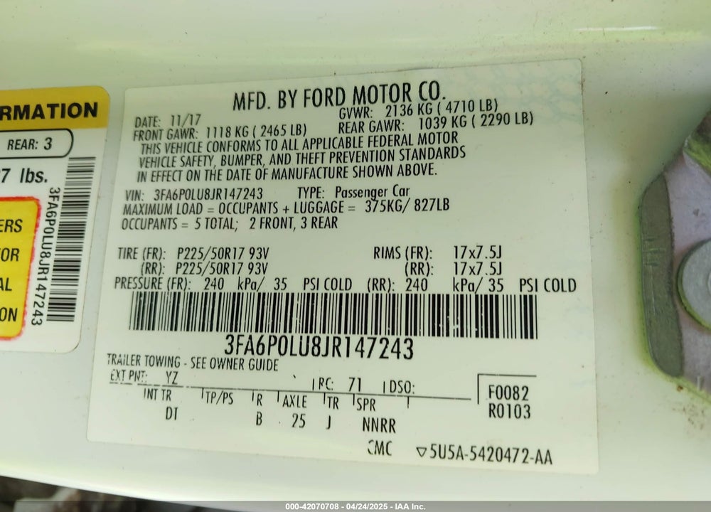2018 FORD FUSION HYBRID SE VIN: 3FA6P0LU8JR147243