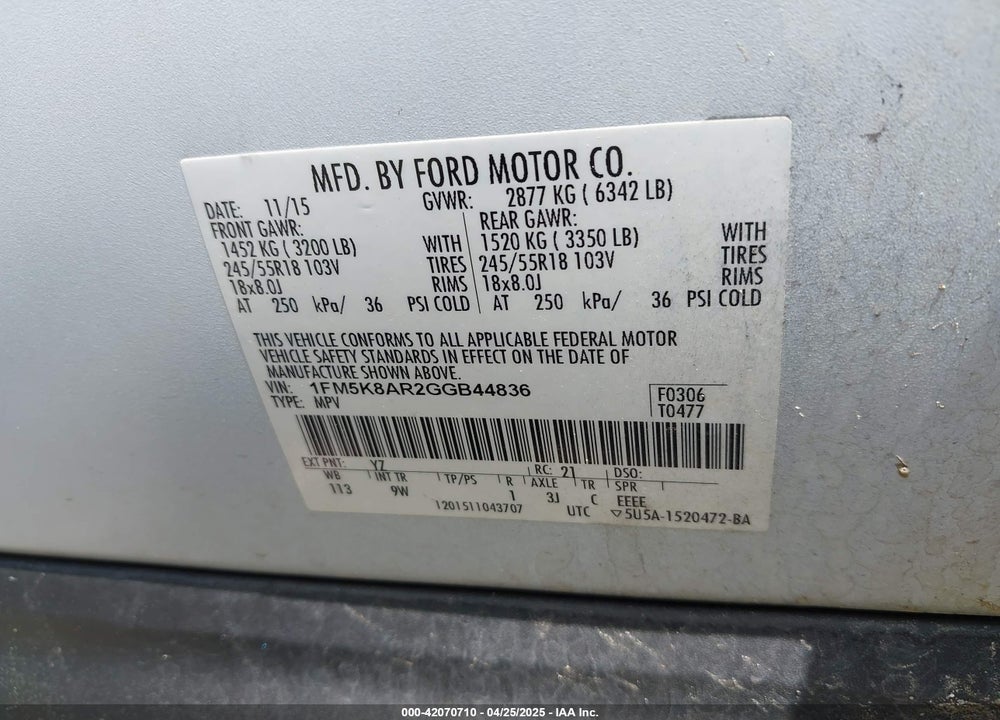 2016 FORD POLICE INTERCEPTOR VIN: 1FM5K8AR2GGB44836