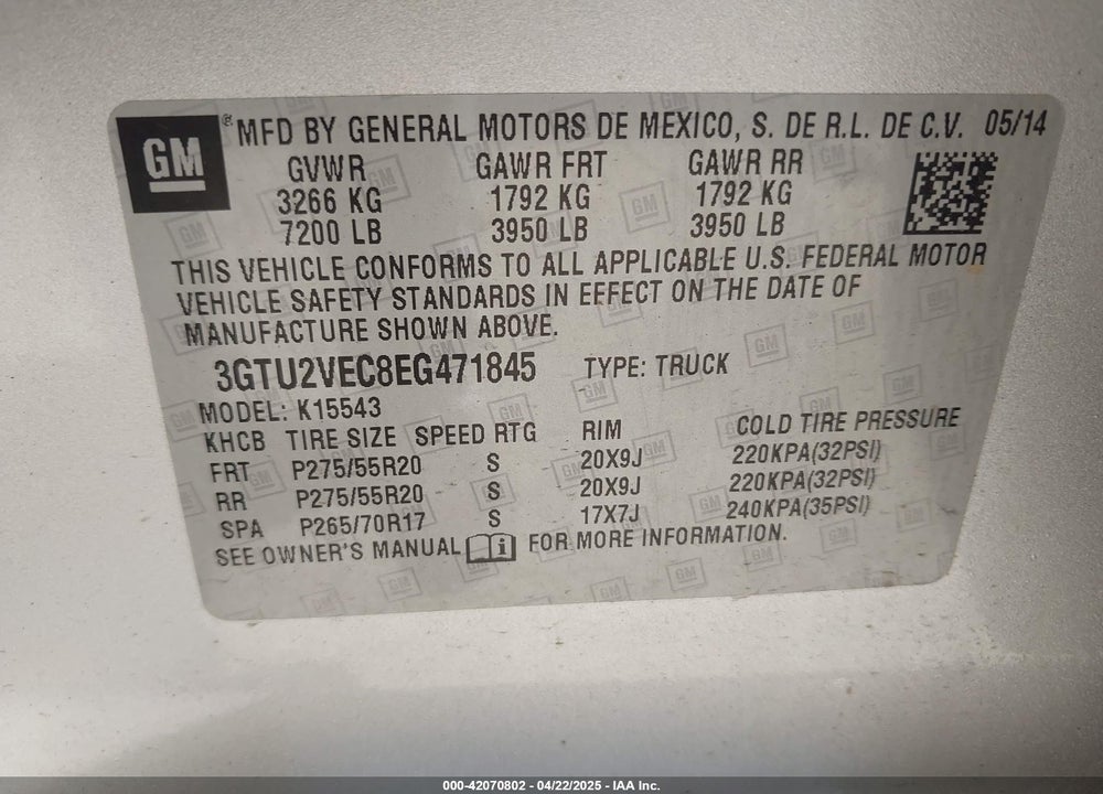 2014 GMC SIERRA 1500 SLT VIN: 3GTU2VEC8EG471845