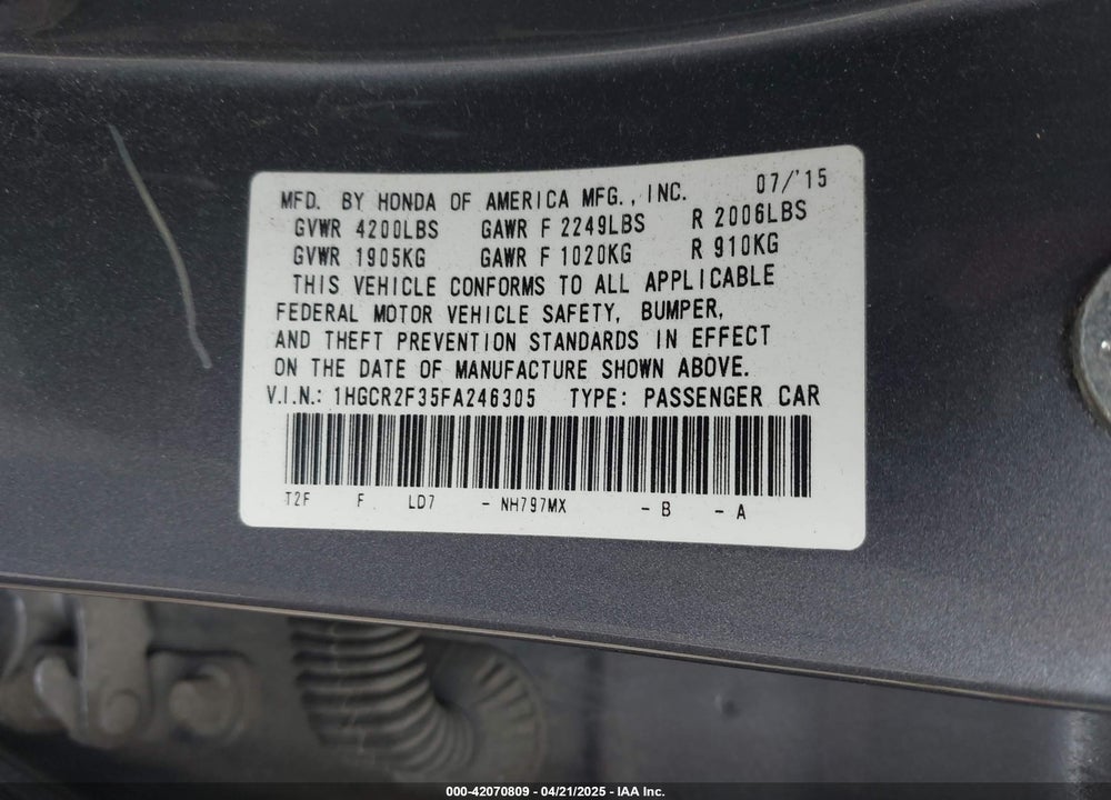 2015 HONDA ACCORD VIN: 1HGCR2F35FA246305