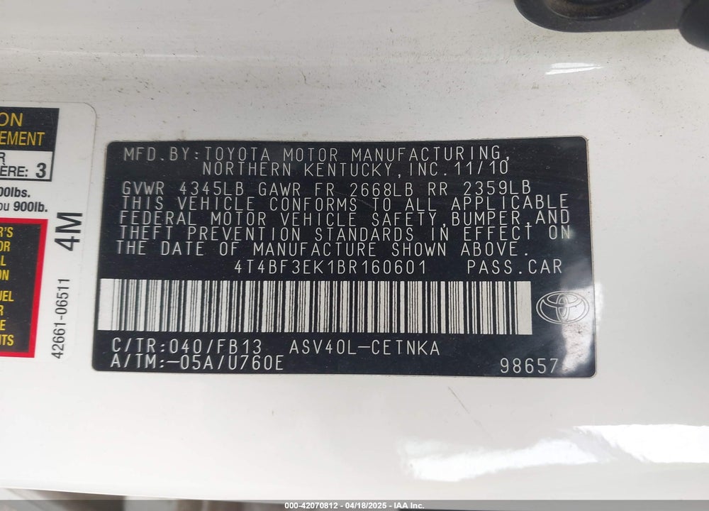 2011 TOYOTA CAMRY VIN: 4T4BF3EK1BR160601