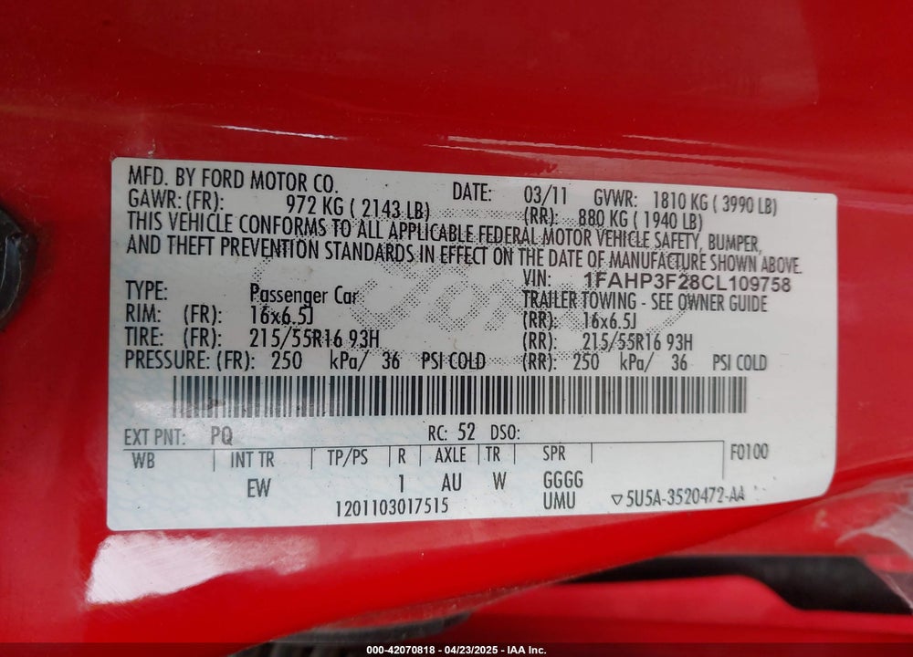 2012 FORD FOCUS VIN: 1FAHP3F28CL109758