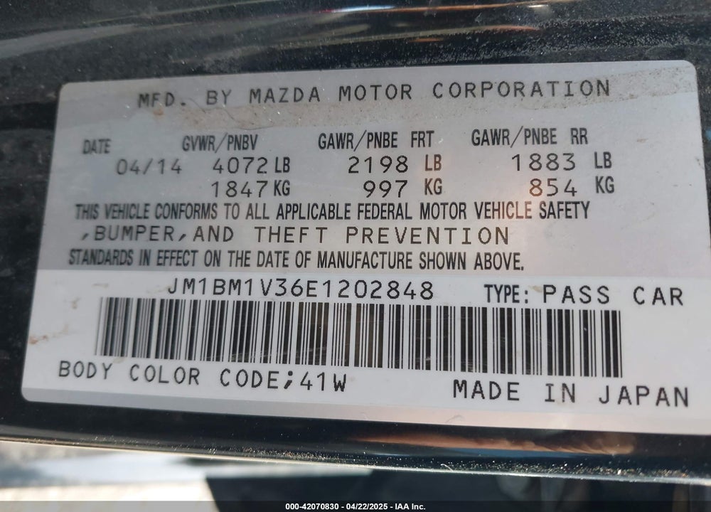 2014 MAZDA 3 S TOURING VIN: JM1BM1V36E1202848