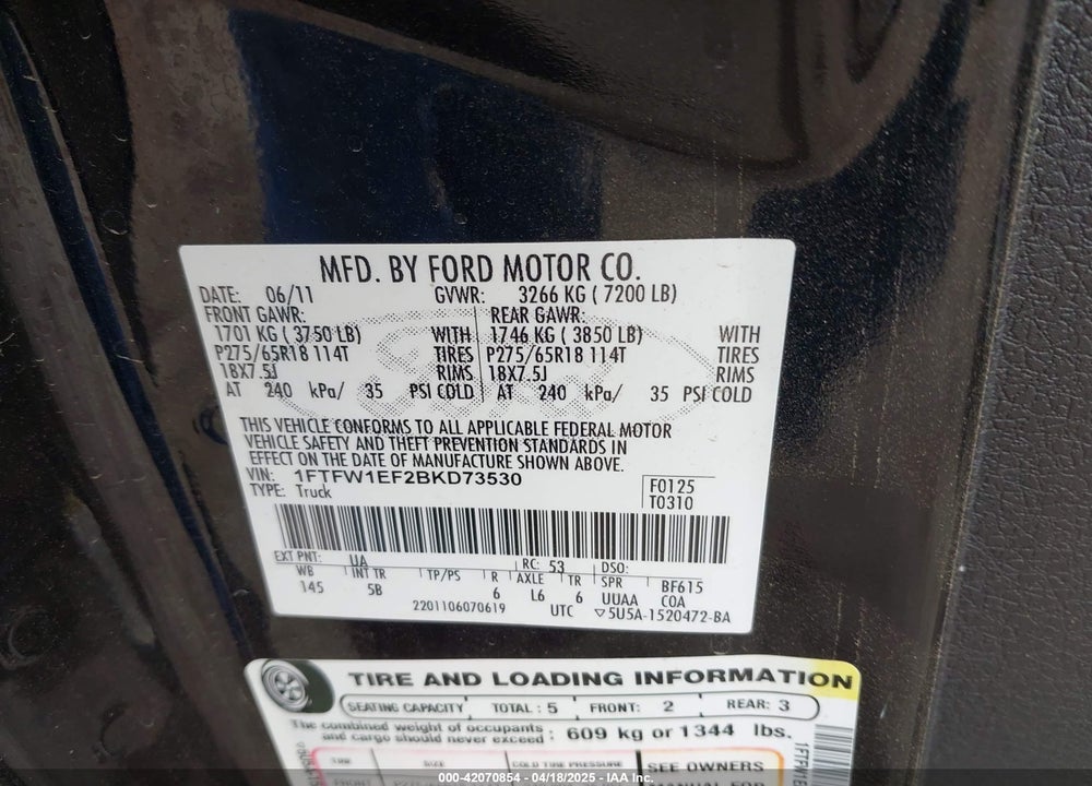 2011 FORD F-150 VIN: 1FTFW1EF2BKD73530