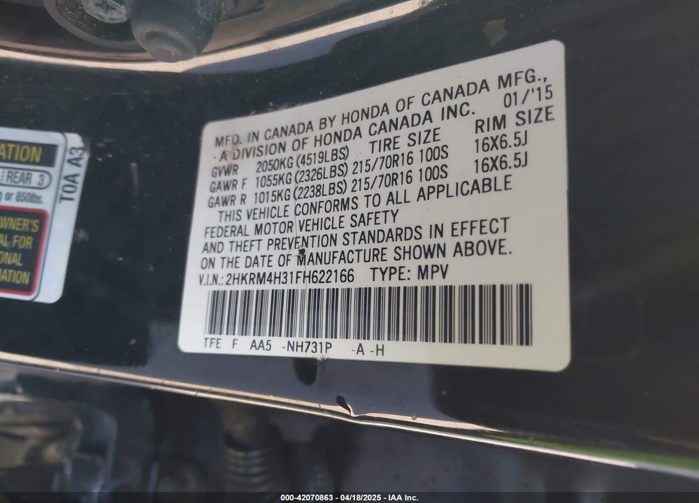 2015 HONDA CR-V LX VIN: 2HKRM4H31FH622166