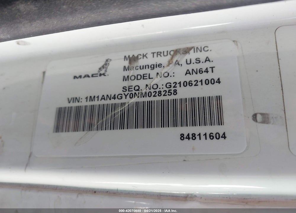 2022 MACK ANTHEM VIN: 1M1AN4GY0NM028258