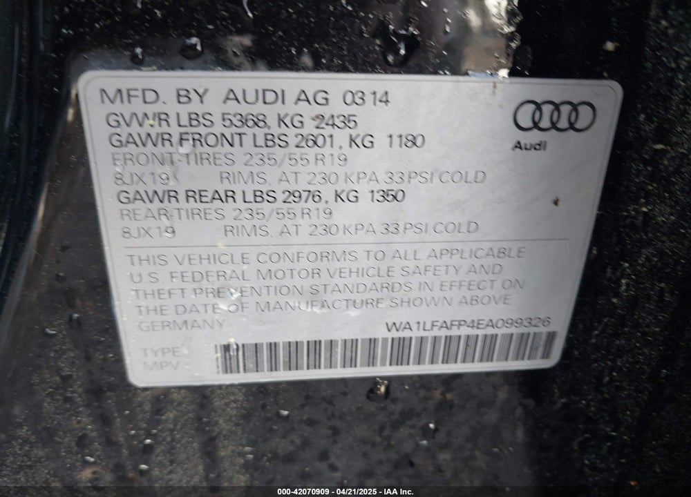 2014 AUDI Q5 2.0T PREMIUM VIN: WA1LFAFP4EA099326