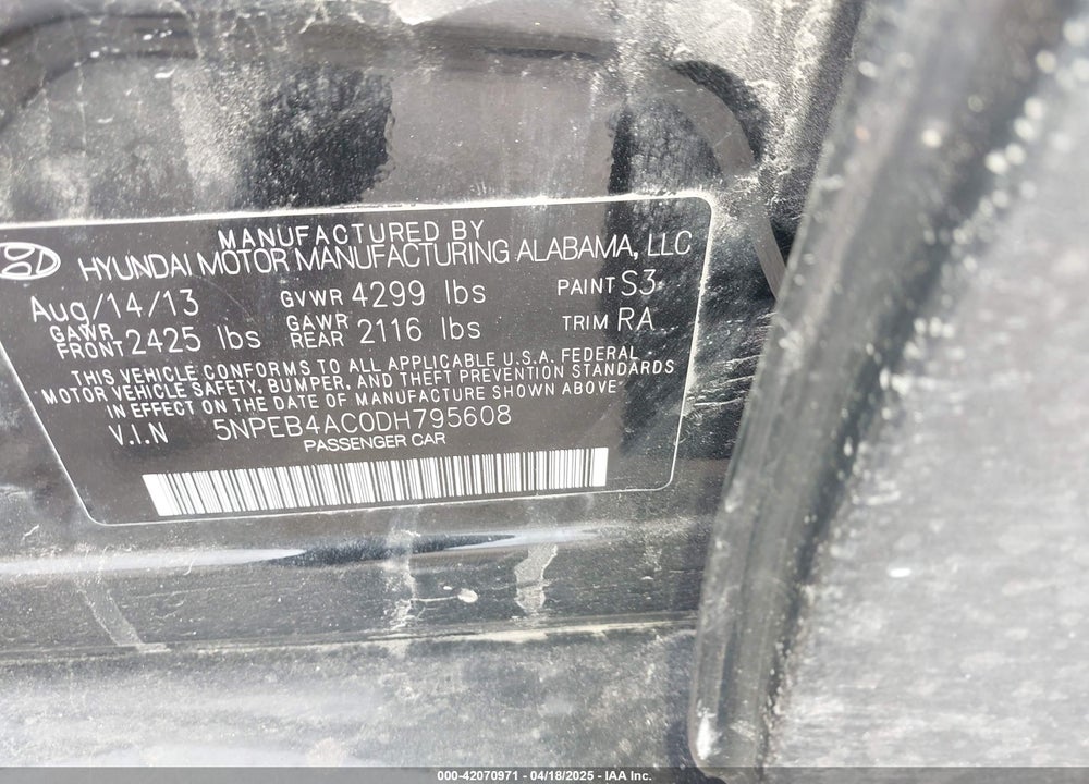 2013 HYUNDAI SONATA VIN: 5NPEB4AC0DH795608
