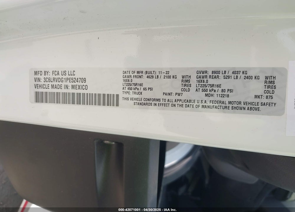 2023 RAM PROMASTER 2500 HIGH ROOF 159 WB VIN: 3C6LRVDG1PE524709
