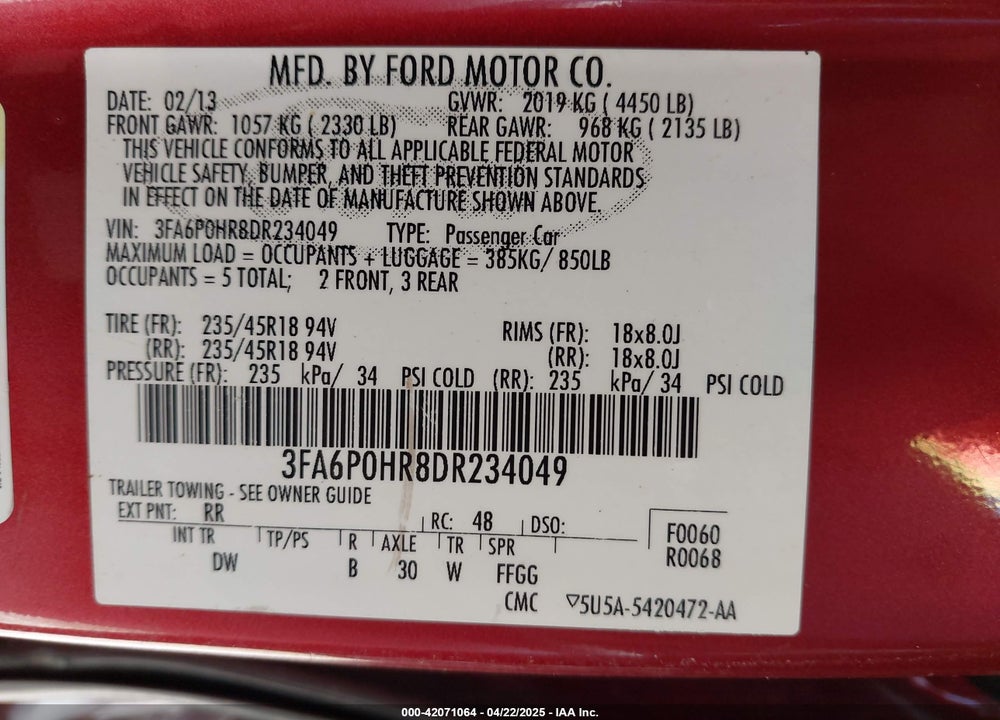 2013 FORD FUSION VIN: 3FA6P0HR8DR234049