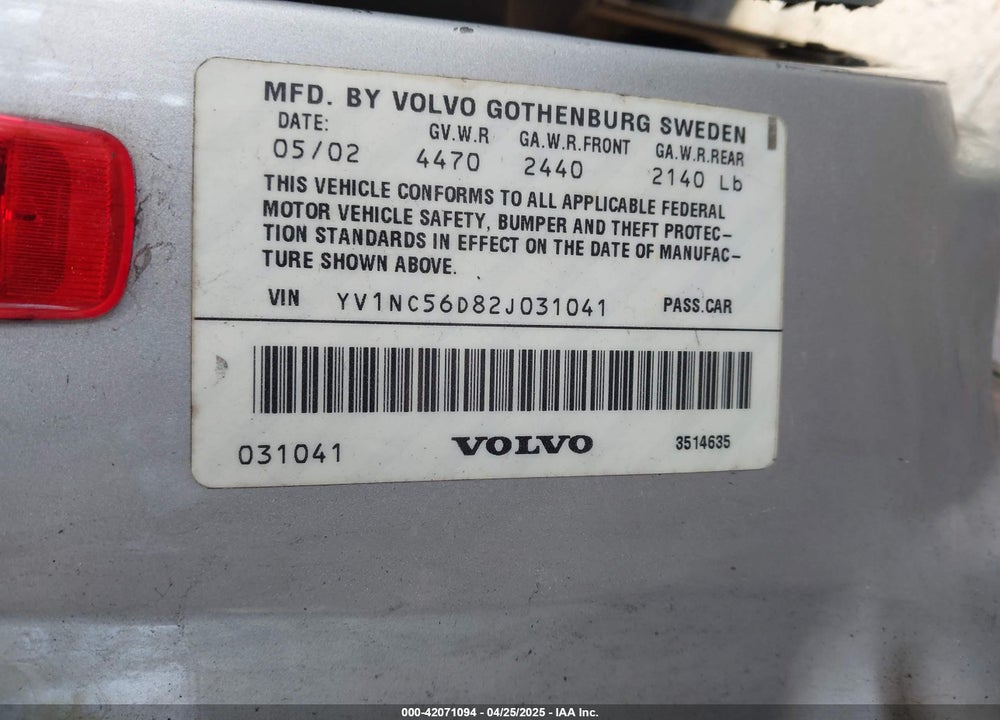 2002 VOLVO C70 VIN: YV1NC56D82J031041