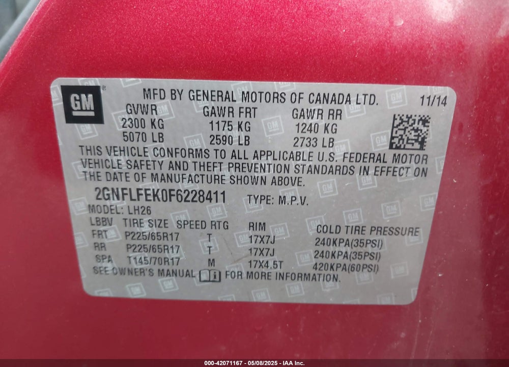 2015 CHEVROLET EQUINOX 1LT VIN: 2GNFLFEK0F6228411