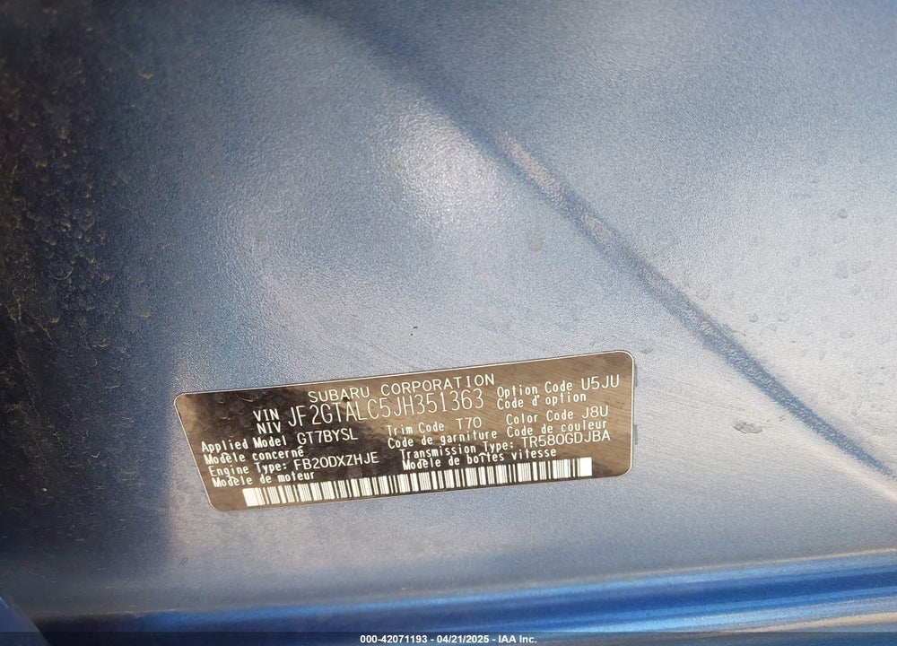 2018 SUBARU CROSSTREK VIN: JF2GTALC5JH351363