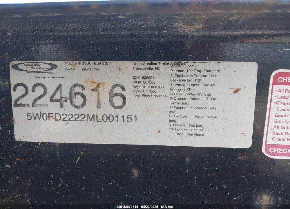 2021 QUALITY TILT FLAT VIN: 5W0FD2222ML001151
