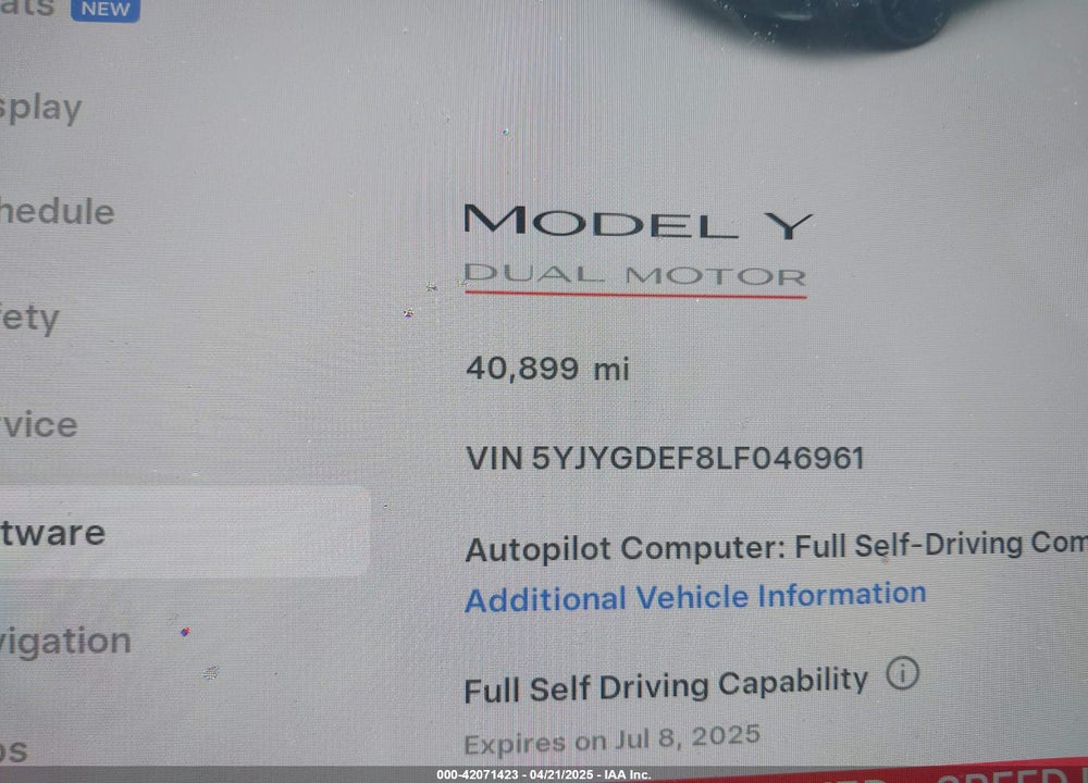 2020 TESLA MODEL Y VIN: 5YJYGDEF8LF046961