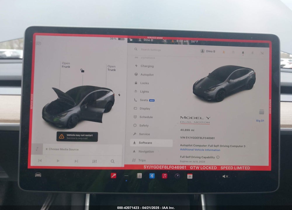 2020 TESLA MODEL Y VIN: 5YJYGDEF8LF046961