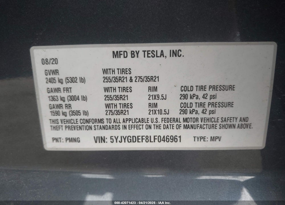 2020 TESLA MODEL Y VIN: 5YJYGDEF8LF046961